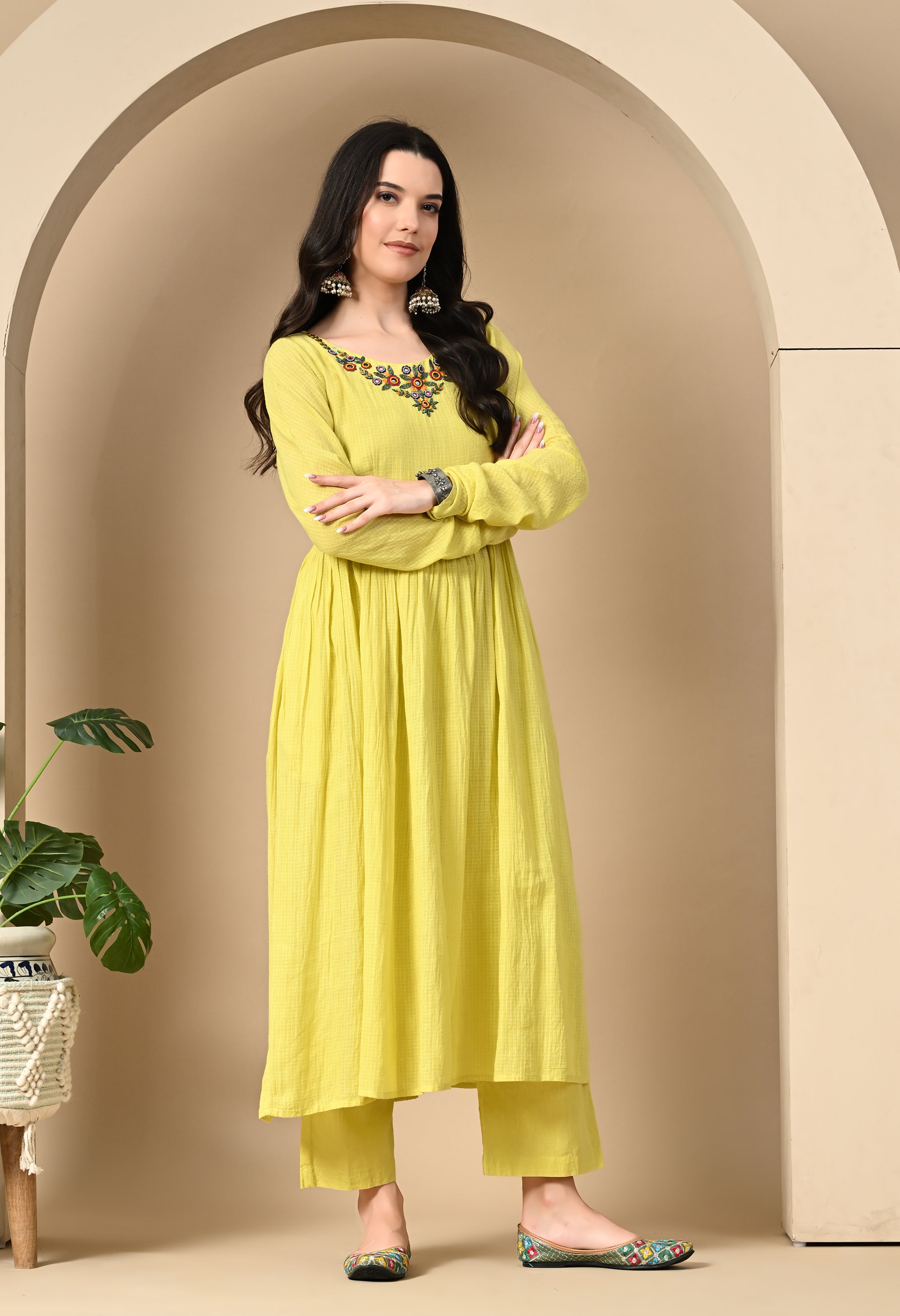 LIME YELLOW KOTTA DORIYA KURTA SET